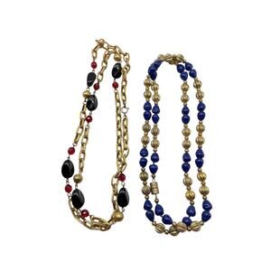 Lot of 2 Vintage Station Necklace Set in Gold, Black Stone, Red and Blue Glass
